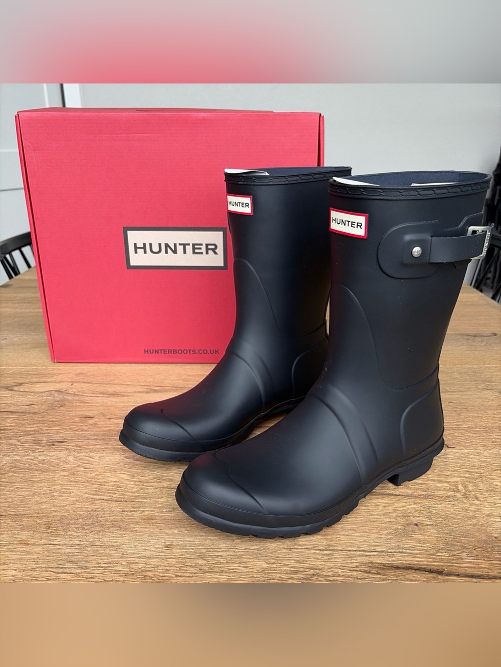 Hunter Short Matte Black Rain Boots with Red Logo Trim